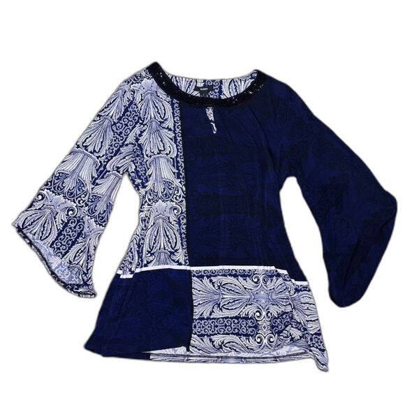 Size Large Alfani Pattern Drape Black Blue White Blouse - Picture 2 of 4